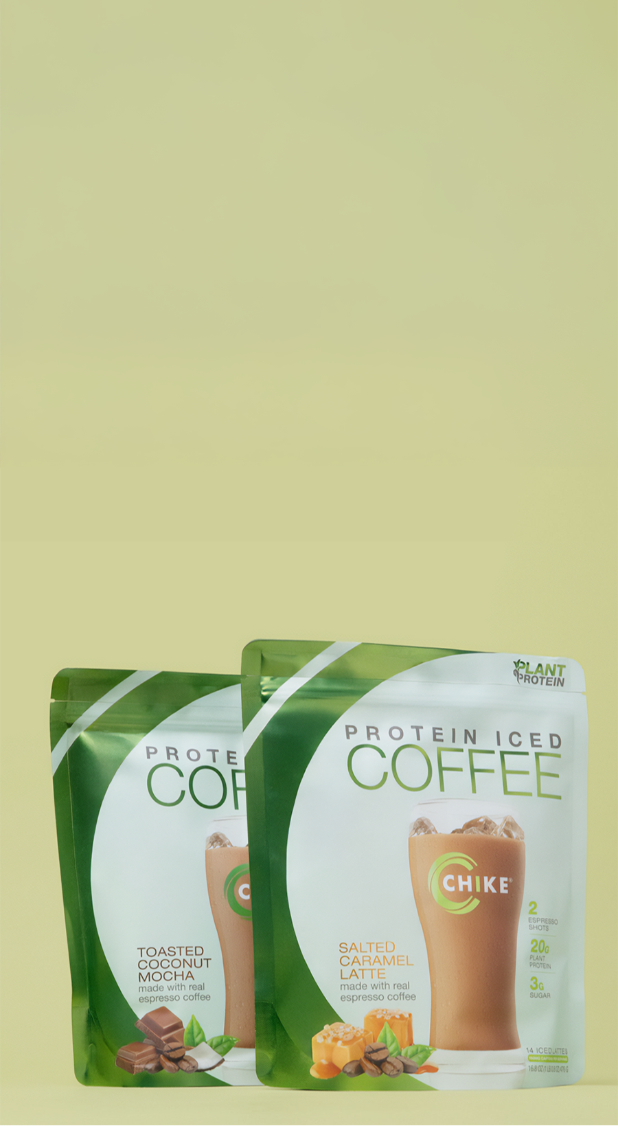 Two packages of plant based Protein Iced Coffee on a light green background